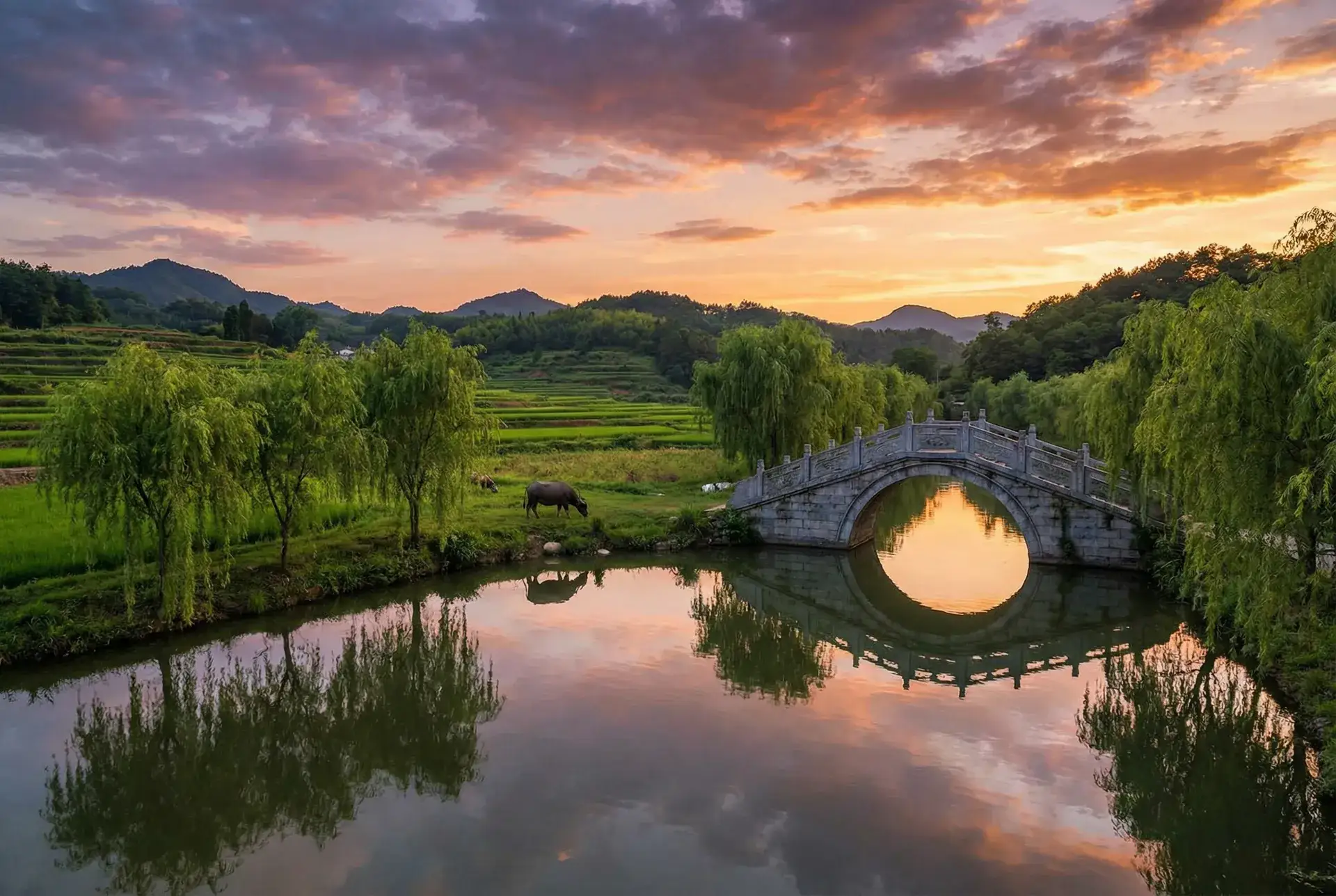 夕阳下的石拱桥与垂柳，水牛在河边吃草 - 20180天天夜夜 乡村美景